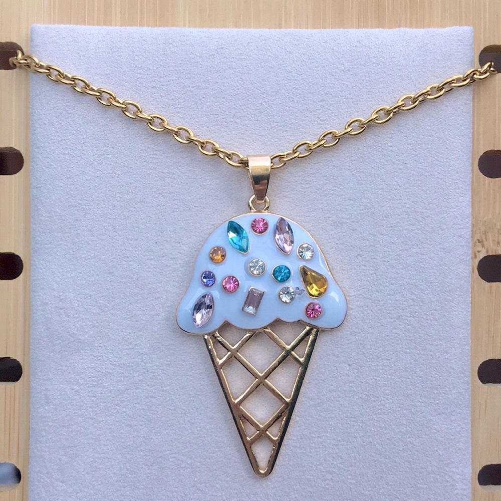 White + Crystal Sprinkles Gold Ice Cream🍦Cone Pendant Drop Necklace - Picture 7 of 8